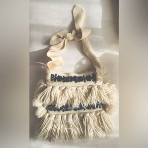 Cream Shoulder Bag with Black embroidery, tassels, Pom poms